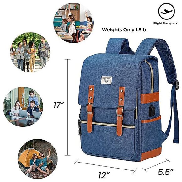 Vintage Laptop Backpack for Women Men,15.6 inch Bookbag Blue - Picture 2 of 6